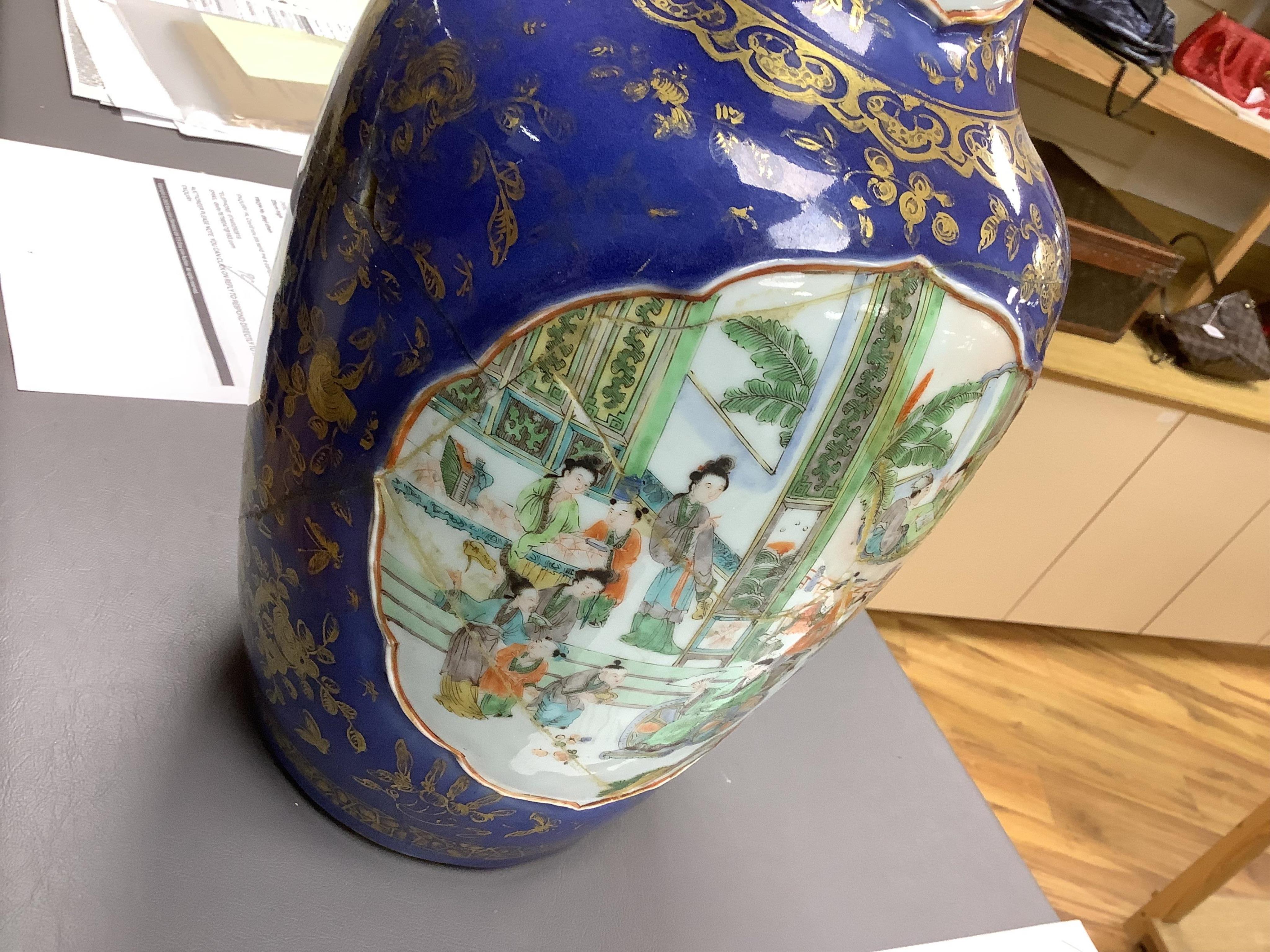 Three early 18th century Chinese Imari dishes (one clobbered), largest 46.5cm, together with a 19th century Chinese powder blue ground vase, 44cm high and a horn carving, 13.7cm (5)